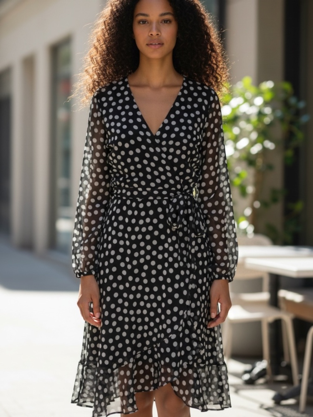 ⭐️Melanie Lyne Black Polka Dot Faux Wrap Chiffon Dress - size 10